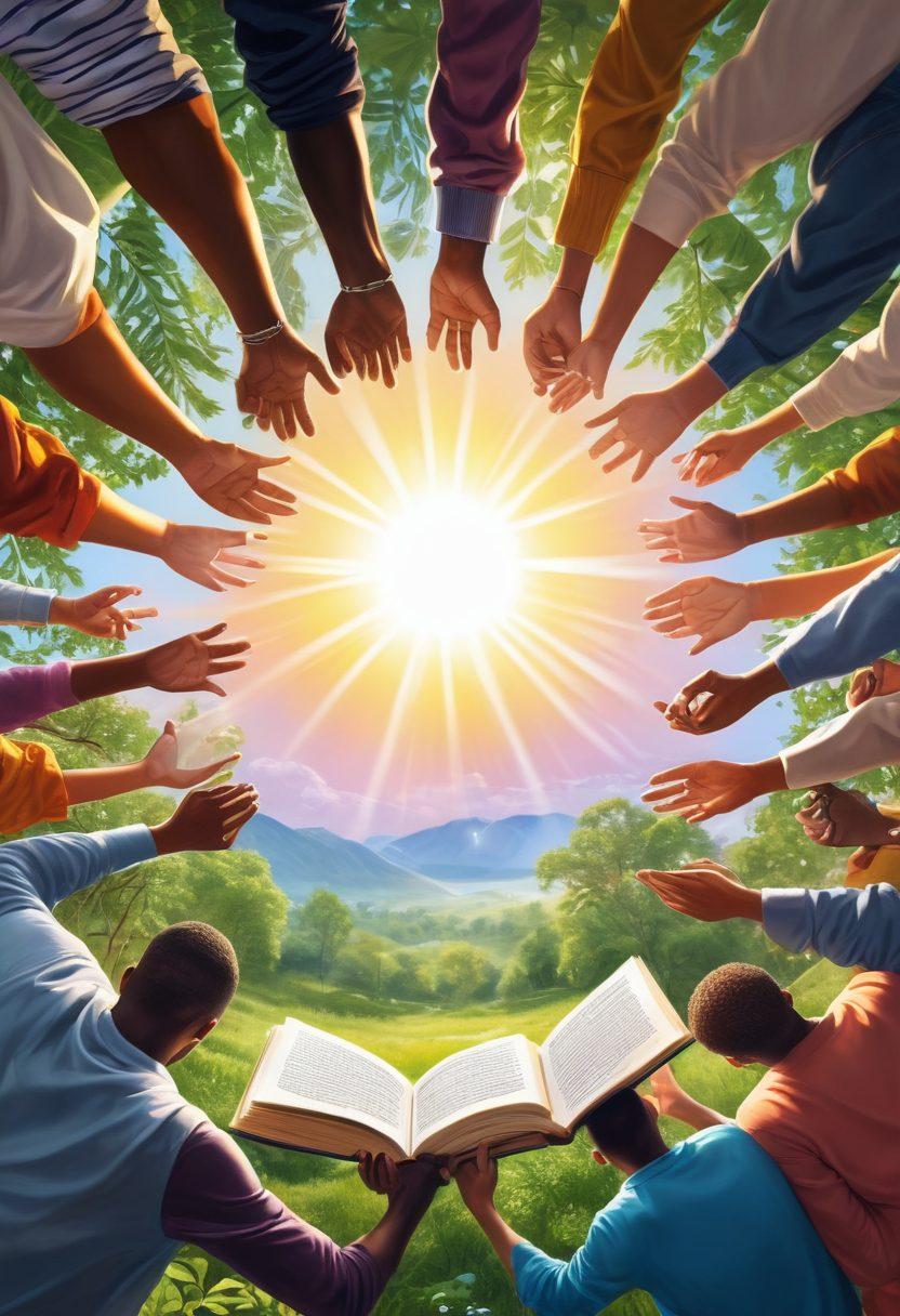 A powerful visual representation depicting a diverse group of individuals in a supportive circle, sharing knowledge and experiences about health and survival. Include elements like open books, light bulbs symbolizing knowledge, and bright rays of hope radiating around them. The background should feature a blend of nature and community, illustrating connection and empowerment in a vibrant atmosphere. Use a soft color palette that conveys warmth and positivity. super-realistic. vibrant colors.