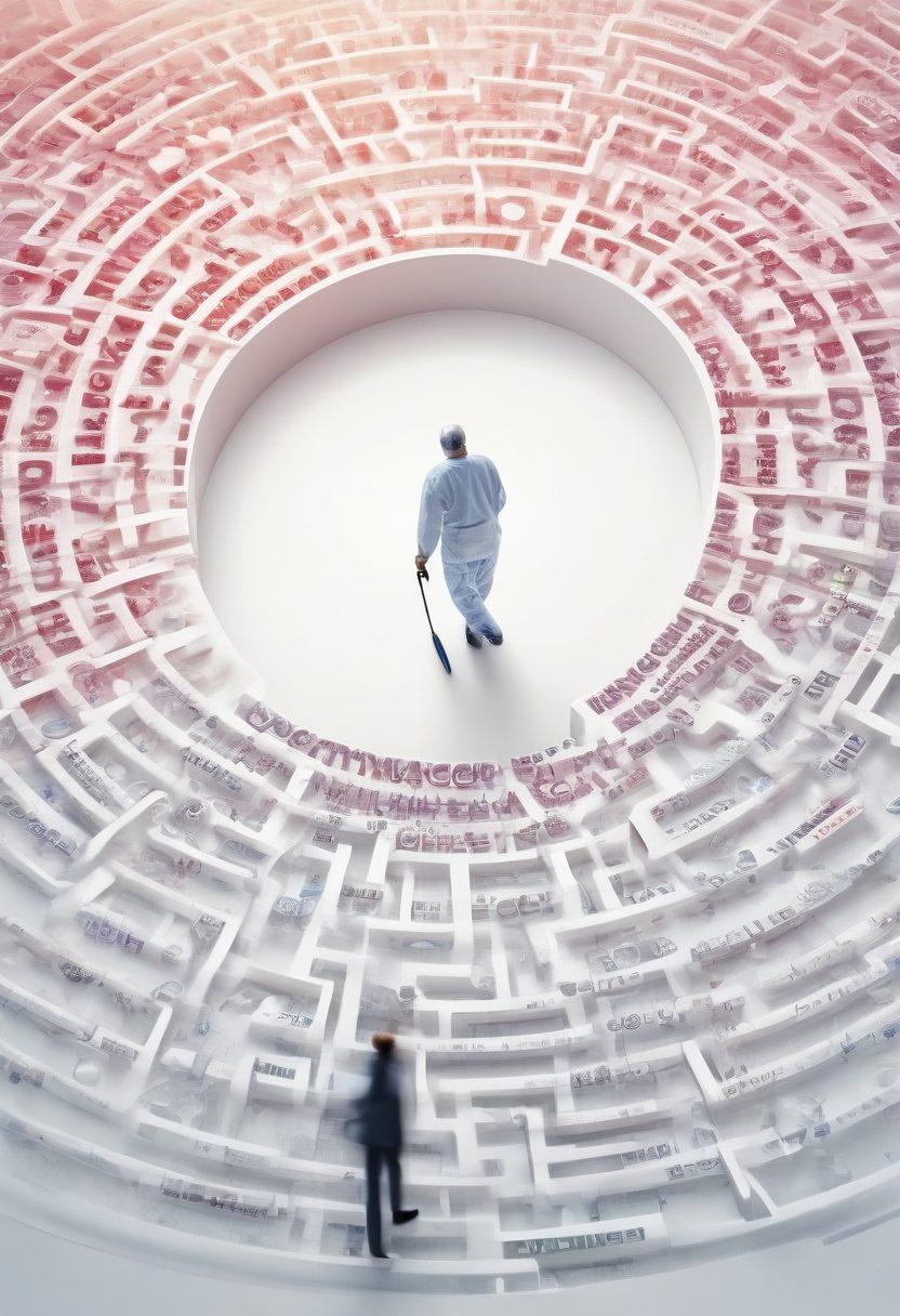 A maze made of cancer cells and DNA strands, with a patient navigating through it, holding a map labeled 'Knowledge'. The background features various oncology symbols like awareness ribbons and stethoscopes, while soft light illuminates the path. This scene symbolizes the journey and empowerment of patients in understanding oncology. vibrant colors. super-realistic. white background.