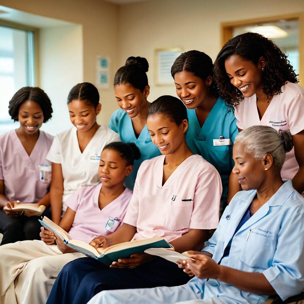 A patient reading a book titled 'Navigating Cancer,' surrounded by supportive family members, each showcasing expressions of hope and strength. The background features a serene hospital environment with soft, warm lighting to convey comfort. Visual metaphors of knowledge like bright, open books and glowing pathways illustrating a journey of empowerment. super-realistic. warm colors. emotional depth.